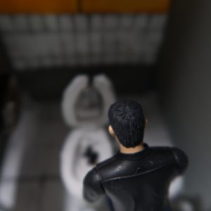 In this toy photo of Distinctive, he is in a bathroom stall, looking down at his phone in the toilet. The camera is a couple of feet above and behind Distinctive, so you are able to see the contents of the toilet easily.