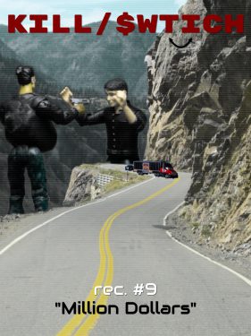 In this pop-art collage of photos to support the Kill/Switch episode 'Millin Dollars', we see a photo of the Million Dollar Highway, along with toy photography of cars on the highway, and a toy figure pointing a gun at another toy figure.
