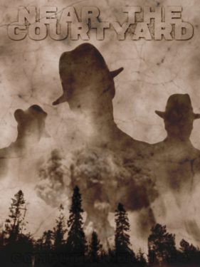 Episode Art for the Distinctive story called "Near the Courtyard". The image is a flat shadow of three old-style gangsters, with the shadow of a nuclear mushroom cloud in a forested treeline.